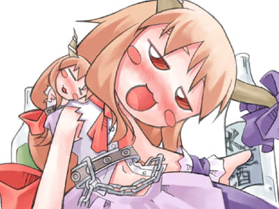 nyagakiya, ibuki suika, touhou, lowres, 2girls, chibi, clone, drunk, female focus, multiple girls