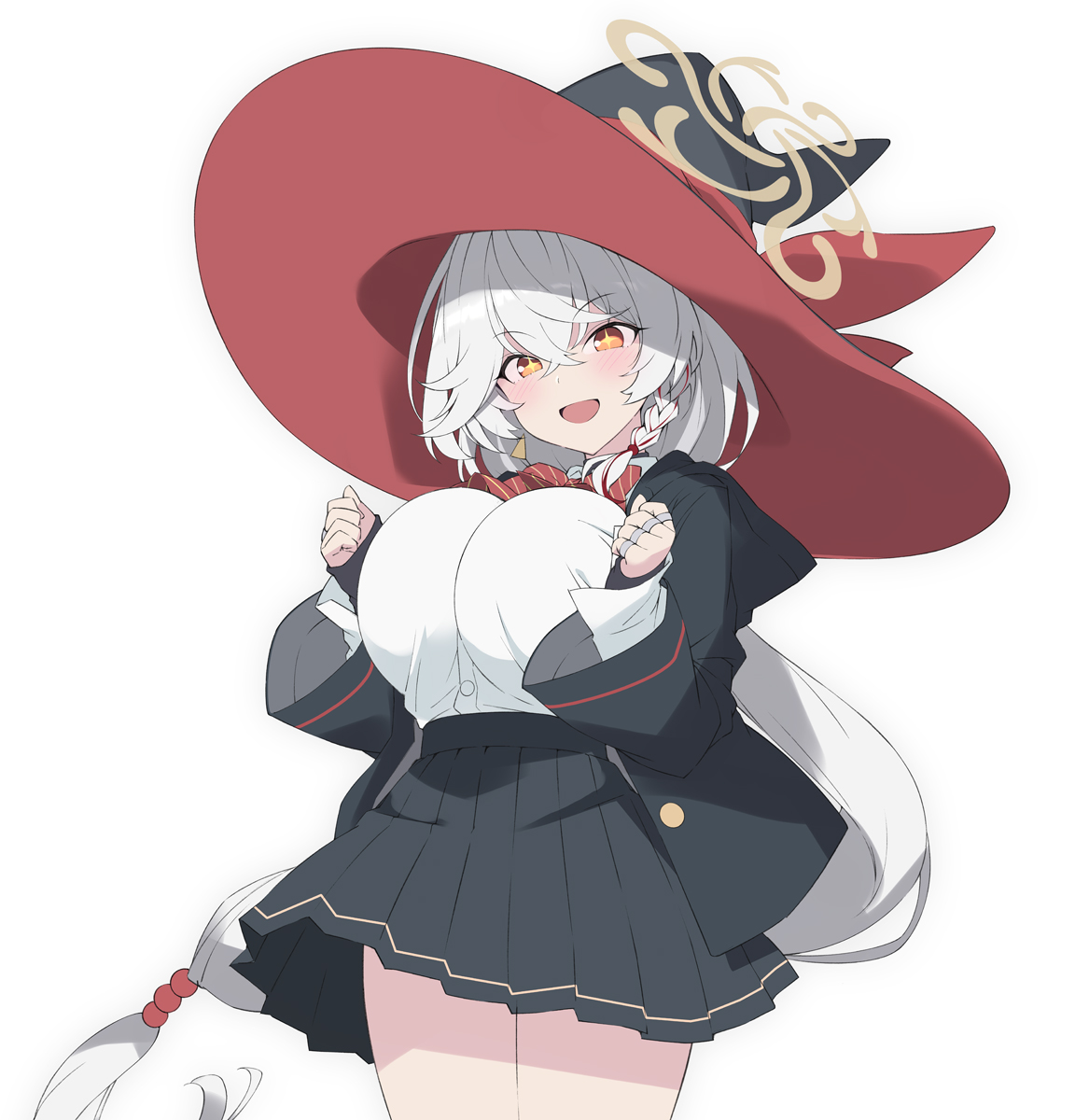sakana (flame sakana), eri (blue archive), blue archive, highres, 1girl, black jacket, black skirt, blush, bow, bowtie, braid, breasts, breasts squeezed together, cowboy shot, crossed bangs, earrings, hair between eyes, halo, hat, hood, hooded jacket, jacket, jewelry, large breasts, large hat, long hair, long sleeves, low-tied long hair, open mouth, orange eyes, orange halo, pleated skirt, red bow, red bowtie, red hat, ring, shirt, side braid, side halo, simple background, single braid, single earring, skirt, sleeves past wrists, smile, solo, star-shaped pupils, star (symbol), striped bow, symbol-shaped pupils, tilted halo, very long hair, white hair, white shirt, wild hunt academy of arts logo, witch hat, yellow halo