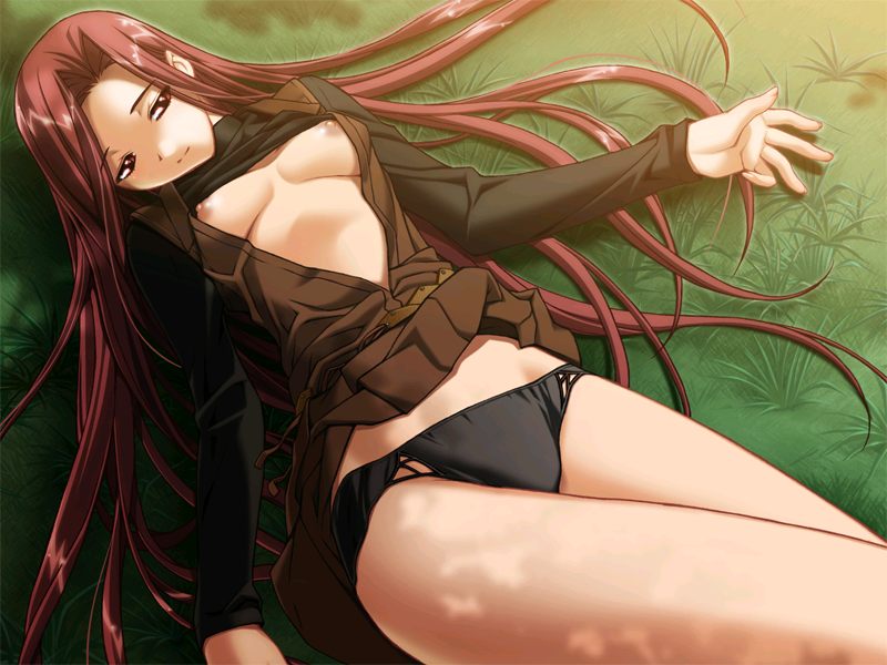 ino (magloid), kiryuu iyori, izayoi no hanayome, game cg, 1girl, breasts, clothes lift, female focus, large breasts, long hair, nipples, open clothes, open shirt, open skirt, panties, red hair, shade, shirt, skirt, skirt flip, skirt lift, solo, underwear