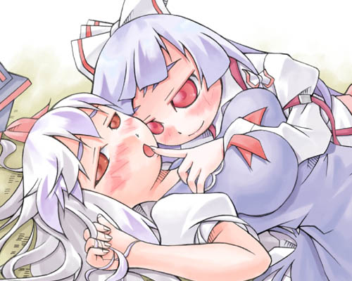 nyagakiya, fujiwara no mokou, kamishirasawa keine, touhou, lowres, 2girls, arm between breasts, between breasts, blush, breasts, female focus, multiple girls, red eyes