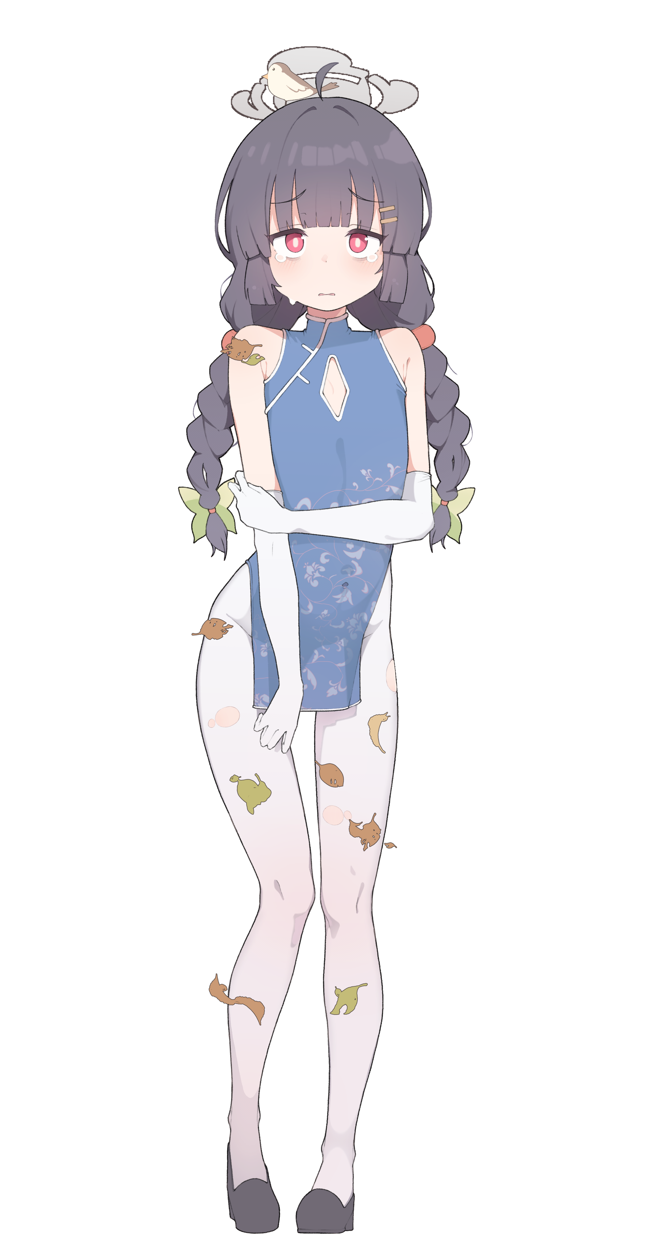 s10021, miyu (blue archive), blue archive, absurdres, commentary request, highres, 1girl, ahoge, alternate costume, animal, animal on head, bird, bird on head, black hair, black shoes, blue dress, blunt bangs, blush, bow, braid, bright pupils, china dress, chinese clothes, cleavage cutout, clothing cutout, covered navel, diamond cutout, dress, elbow gloves, flat chest, full body, gloves, grey halo, hair bow, hair ornament, hairpin, halo, high heels, korean text, leaf, leaf print, long hair, looking at viewer, on head, open mouth, orange bow, pantyhose, parted lips, pelvic curtain, print dress, pumps, red eyes, shoes, short dress, simple background, sleeveless, sleeveless dress, solo, standing, tearing up, tears, twin braids, white background, white gloves, white pantyhose, white pupils