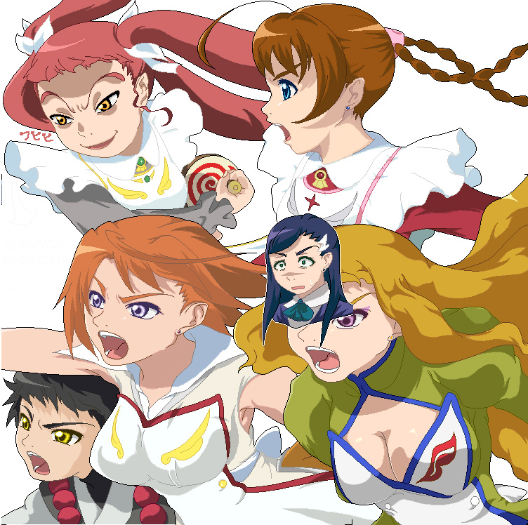 arika yumemiya, haruka armitage, mikoto (my-otome), minagi mikoto, natsuki kruger, shiho huit, tokiha mai, my-otome, looking away, 00s, 6+girls, :d, :o, ahoge, angry, apron, armpits, ascot, beads, black hair, blonde hair, blue eyes, braid, breasts, buttons, cleavage, constricted pupils, earrings, everyone, evil smile, eyeshadow, fighting stance, floating hair, garderobe uniform, gem, green eyes, hair ornament, hair ribbon, hairclip, holding, jewelry, large breasts, long hair, makeup, multiple girls, necklace, oekaki, open mouth, orange eyes, orange hair, outstretched arm, profile, puffy sleeves, purple eyes, quad tails, raised eyebrows, red hair, ribbon, shirt, short hair, sidelocks, simple background, sleeveless, sleeveless shirt, smile, sweatdrop, swept bangs, turtleneck, twin braids, upper body, very long hair, waitress, wavy hair, white background, yellow eyes