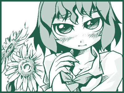 nyagakiya, kazami yuuka, touhou, lowres, 1girl, :i, ascot, blush, breasts, cleavage, female focus, flower, green theme, monochrome, solo, sunflower, thick eyebrows, upper body