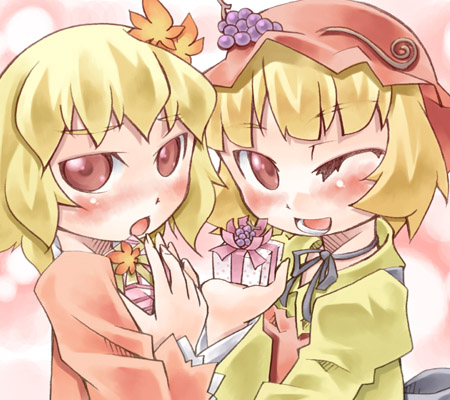 nyagakiya, aki minoriko, aki shizuha, touhou, lowres, 2girls, :o, ;d, blonde hair, blush, chestnut mouth, choker, female focus, food, fruit, gift, grapes, hair ornament, hat, holding, holding gift, leaf hair ornament, long sleeves, looking at viewer, multiple girls, one eye closed, open mouth, red eyes, ribbon choker, short hair, siblings, sisters, smile, upper body