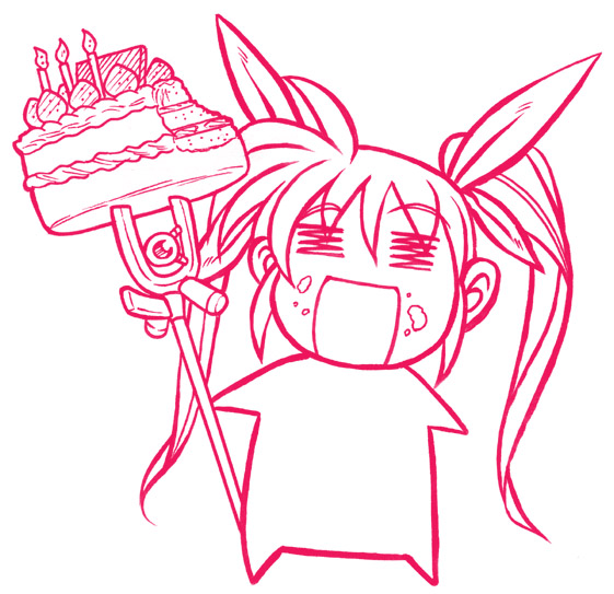 raising heart, raising heart (buster mode), takamachi nanoha, lyrical nanoha, mahou shoujo lyrical nanoha, 00s, 1girl, = =, bow, cake, chibi, female focus, food, fruit, hair bow, monochrome, pastry, red theme, solo, strawberry, twintails
