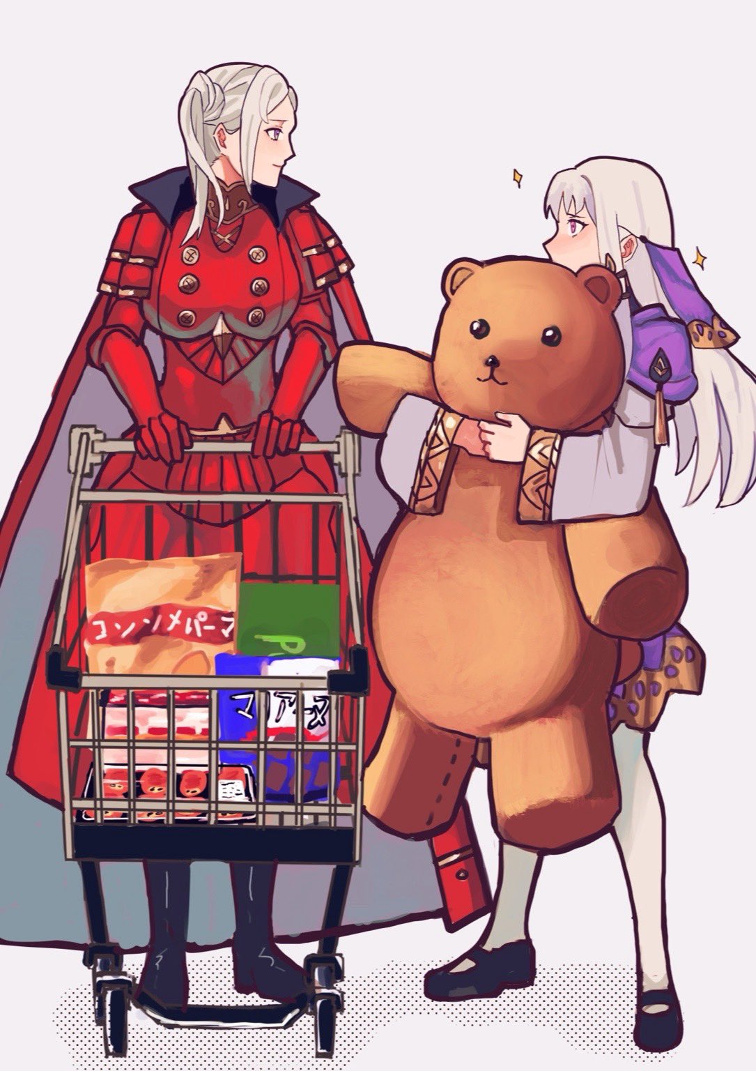 ponzuponta39, edelgard von hresvelg, edelgard von hresvelg (timeskip), lysithea von ordelia, lysithea von ordelia (timeskip), fire emblem, fire emblem: three houses, nintendo, hashtag-only commentary, highres, 2girls, black boots, black shoes, boots, cape, gloves, grey background, grey cape, holding, holding stuffed toy, large teddy bear, looking at another, multiple girls, pantyhose, pink eyes, profile, red cape, red gloves, shoes, shopping cart, side ponytail, simple background, stuffed animal, stuffed toy, teddy bear, two-tone cape, white hair, white pantyhose