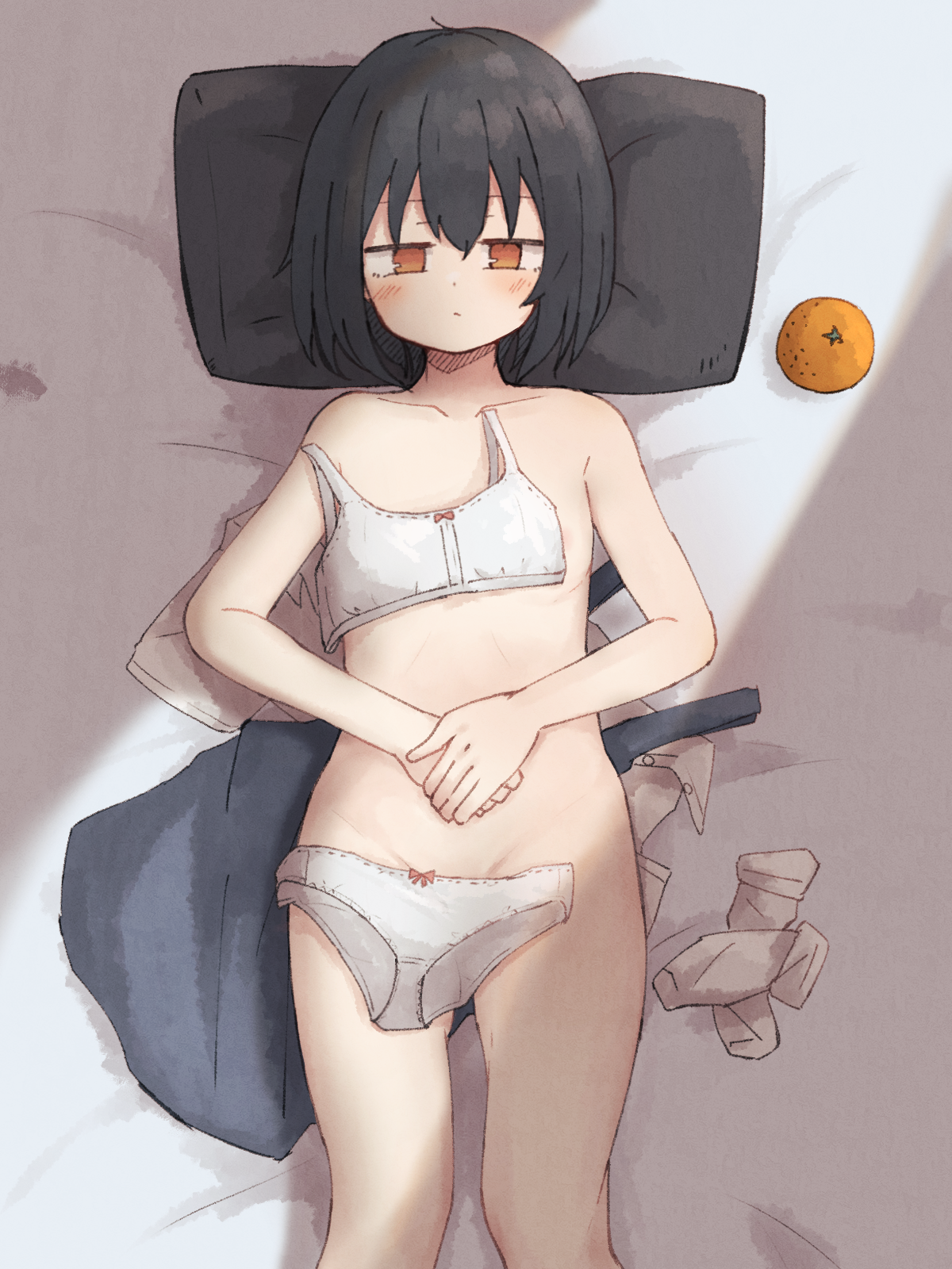 meguru 1225, original, commentary, highres, 1girl, black hair, bra, flat chest, food, fruit, lying, mandarin orange, on back, panties, pillow, solo, underwear, white bra, white panties