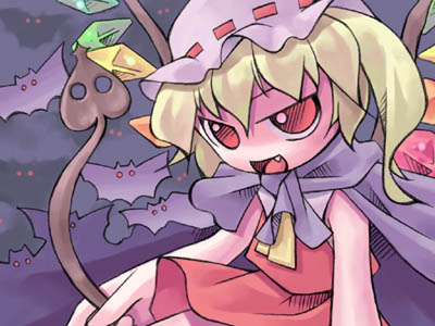 nyagakiya, flandre scarlet, touhou, lowres, 1girl, bat (animal), blonde hair, chibi, female focus, hat, red eyes, sitting, solo, white hat