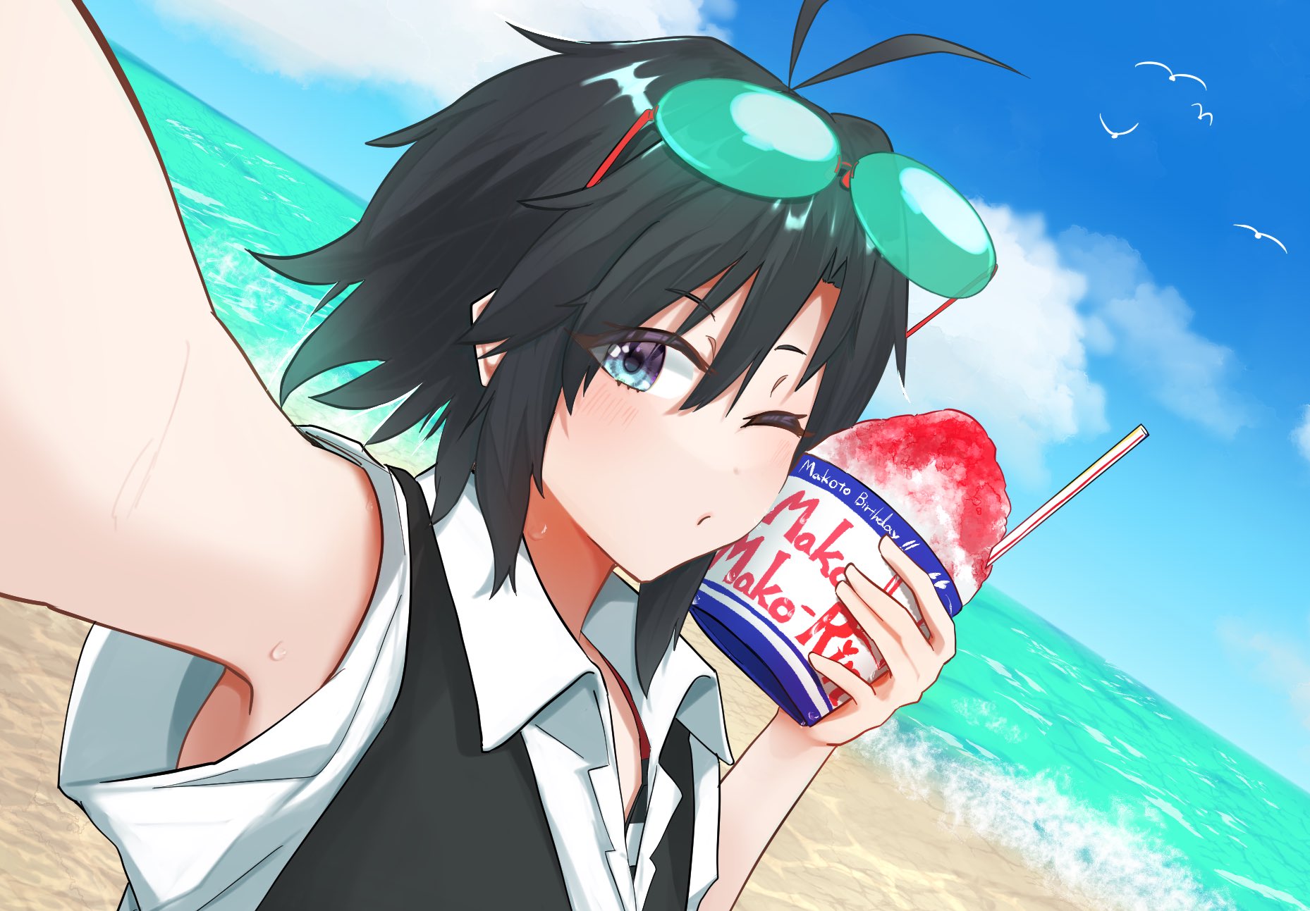 kikuchi makoto, idolmaster, idolmaster (classic), highres, antenna hair, beach, bird, black hair, black vest, blue eyes, camera, collared shirt, eyewear on head, happy birthday, holding, holding camera, light blush, looking at viewer, ocean, parted bangs, seagull, shirt, sky, slushie, sunglasses, vest, warabidaifuku, waves