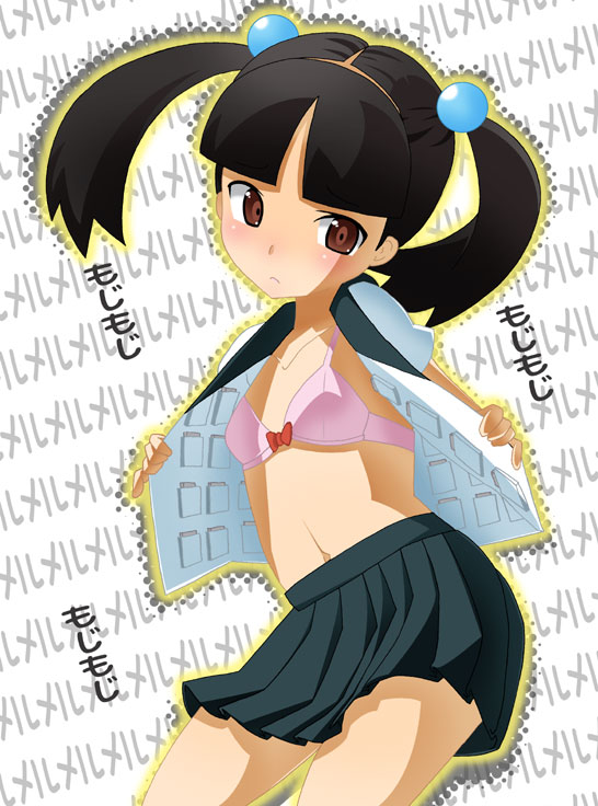 otonashi meru, sayonara zetsubou sensei, 00s, 1girl, black hair, blush, bra, brown eyes, cellphone, female focus, lingerie, open clothes, open shirt, phone, shirt, skirt, solo, twintails, underwear