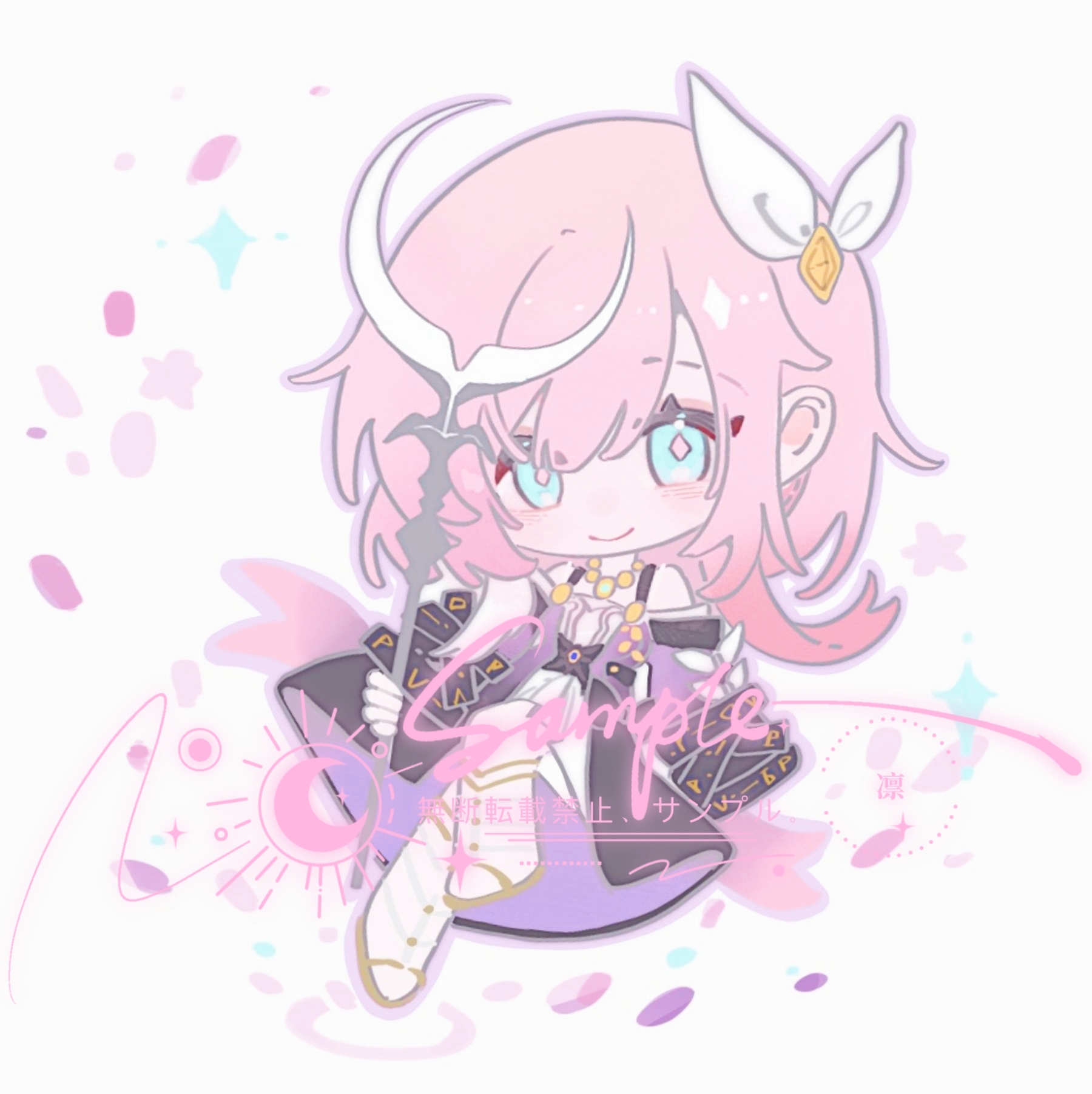 ajiu0101, cyrene (honkai: star rail), honkai: star rail, honkai (series), chinese commentary, commentary request, highres, 1girl, bare shoulders, blue eyes, ceremonial blade (honkai: star rail), chibi, chibi only, coat, dress, falling petals, hair ornament, holding, holding staff, jewelry, medium hair, multicolored hair, necklace, petals, pink hair, purple coat, sample watermark, smile, solo, staff, two-tone hair, watermark, white dress, white hair