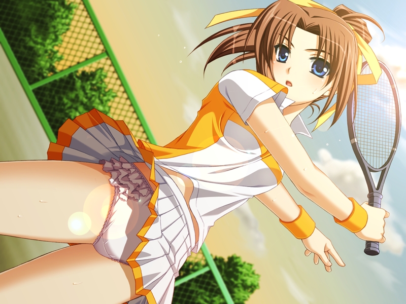 saeki hokuto, nagase shione, ero smash, game cg, 1girl, blue eyes, brown hair, female focus, frilled panties, frills, hair ribbon, midriff, open mouth, panties, pantyshot, ponytail, racket, ribbon, skirt, solo, sportswear, sweat, tennis, tennis racket, tennis uniform, underwear, white panties, wristband