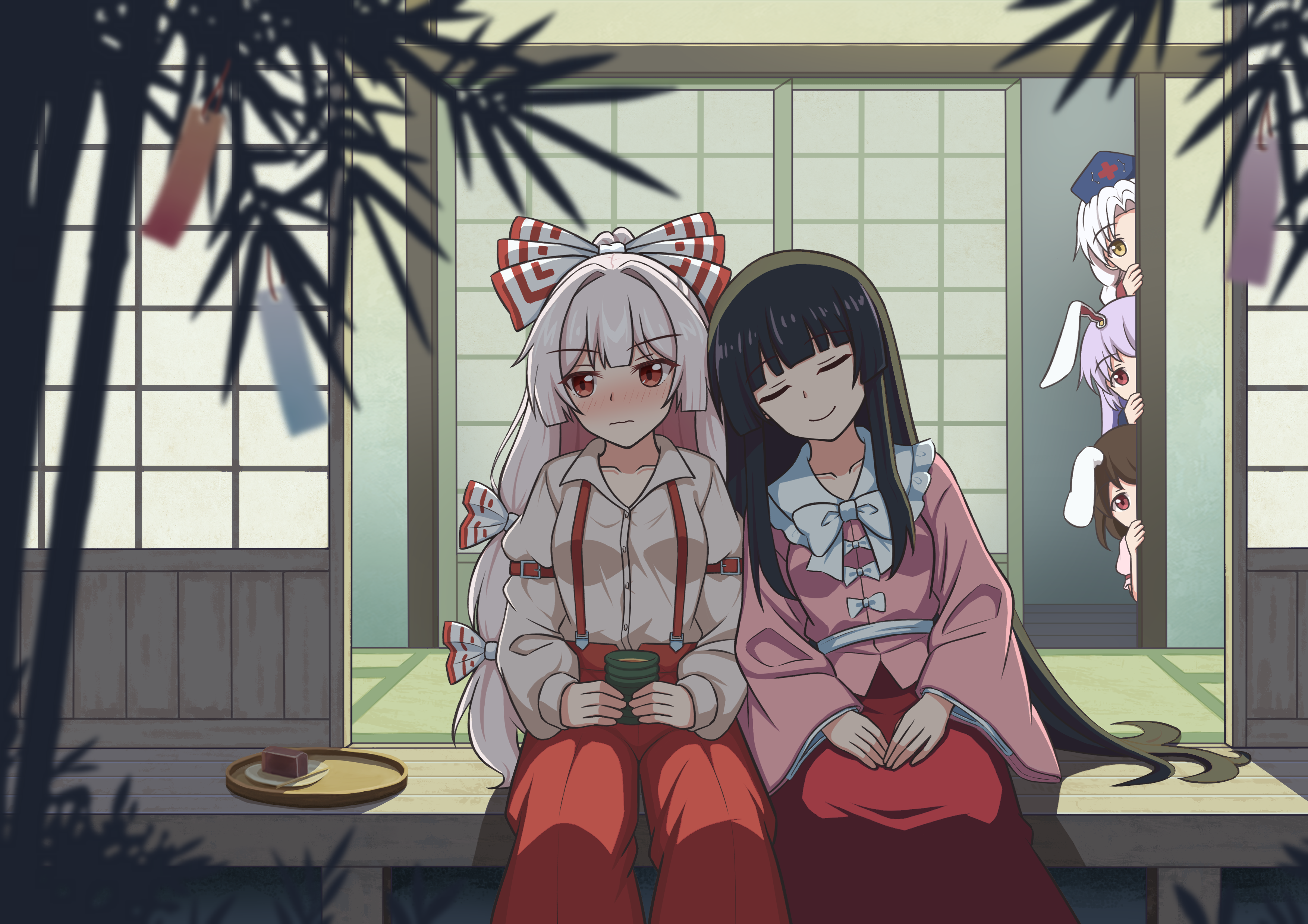 piaoluo de ying huaban, fujiwara no mokou, houraisan kaguya, inaba tewi, reisen udongein inaba, yagokoro eirin, touhou, absurdres, commentary, food request, highres, 5girls, animal ears, blush, bow, bowtie, breasts, brown hair, closed mouth, collarbone, collared shirt, cross, cup, food, frilled shirt collar, frills, grey hair, grey shirt, hair bow, hat, leaning on person, leaning to the side, long hair, long sleeves, multiple girls, nurse cap, pants, pink shirt, purple hair, rabbit ears, rabbit girl, red cross, red eyes, red pants, red skirt, shadow, shirt, shouji, sitting, skirt, sliding doors, suspenders, tanzaku, tatami, very long hair, white bow, white bowtie, wide sleeves, yellow eyes, yunomi, yuri