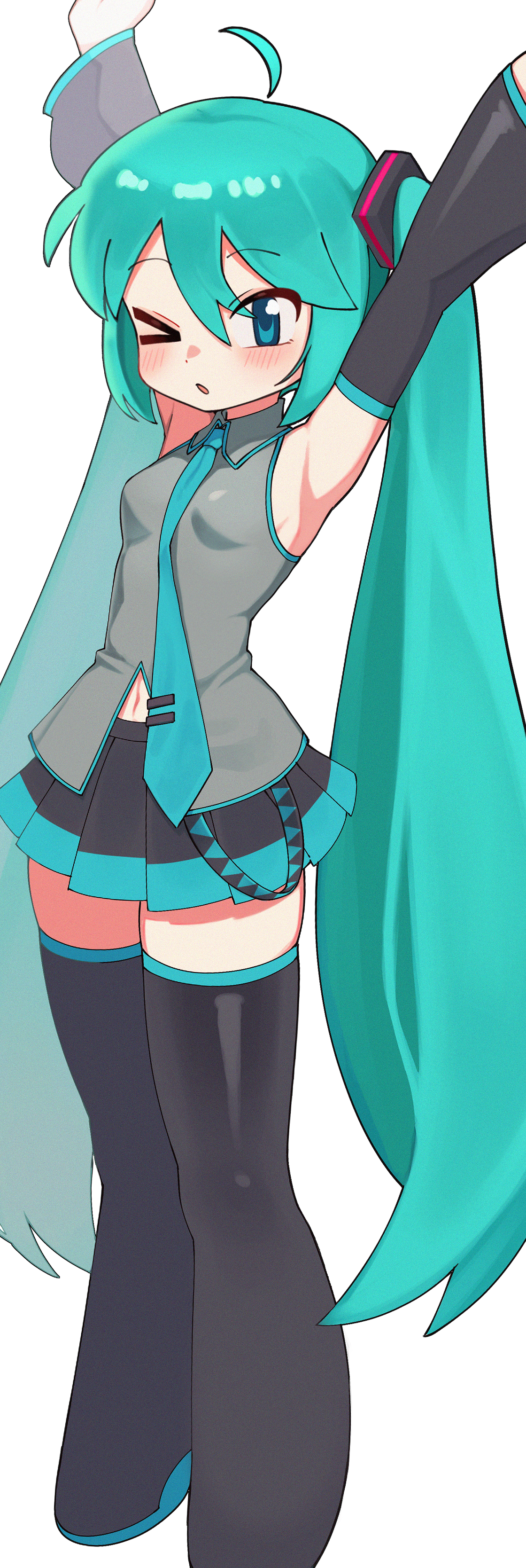 batrobin k, hatsune miku, vocaloid, absurdres, commentary request, highres, > o, 1girl, ahoge, aqua hair, arm warmers, arms up, black arm warmers, black boots, black skirt, blue eyes, blush, boots, breasts, collared shirt, double-parted bangs, full body, hair between eyes, long hair, looking at viewer, midriff peek, miniskirt, navel, one eye closed, open mouth, pleated skirt, shirt, sidelocks, skirt, sleeveless, sleeveless shirt, small breasts, solo, standing, stretching, thigh boots, very long hair