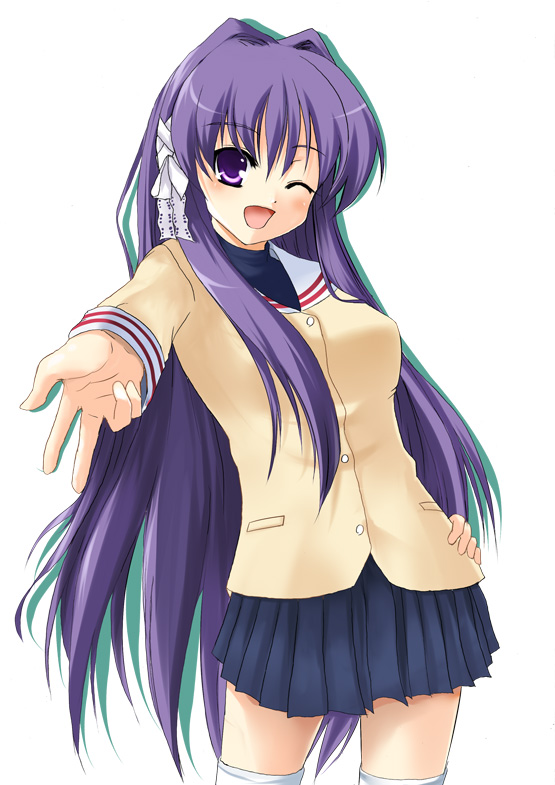 ryuushou, fujibayashi kyou, clannad, 00s, 1girl, ;d, blazer, blush, buttons, collar, female focus, hair intakes, hair ribbon, jacket, long hair, long sleeves, looking at viewer, one eye closed, open mouth, outstretched arms, pleated skirt, purple eyes, purple hair, reaching, reaching towards viewer, ribbon, school uniform, serafuku, skirt, smile, solo, thighhighs, very long hair, white ribbon, white thighhighs, wink