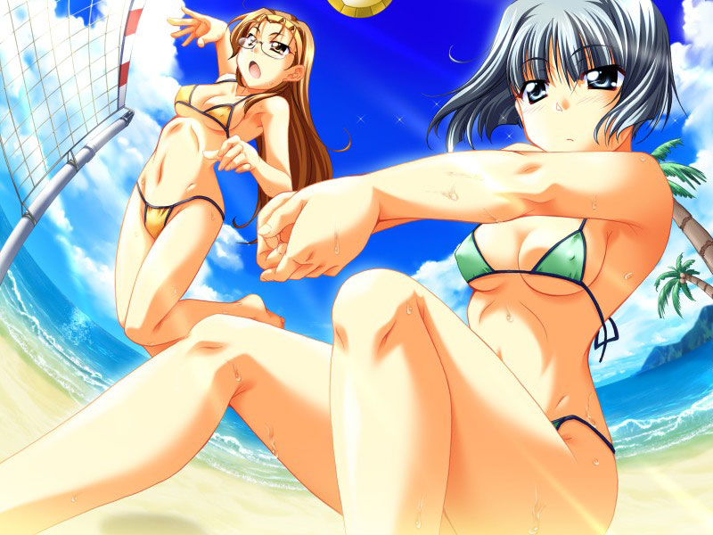 takeya masami, kouzuki chiho, sakuraba ayase, onegai ohoshisama, game cg, 2girls, ball, beach, beach volleyball, bikini, blonde hair, breasts, day, glasses, jumping, multiple girls, navel, open mouth, outdoors, short hair, sweat, swimsuit, v arms, volleyball, volleyball (object), water, wet