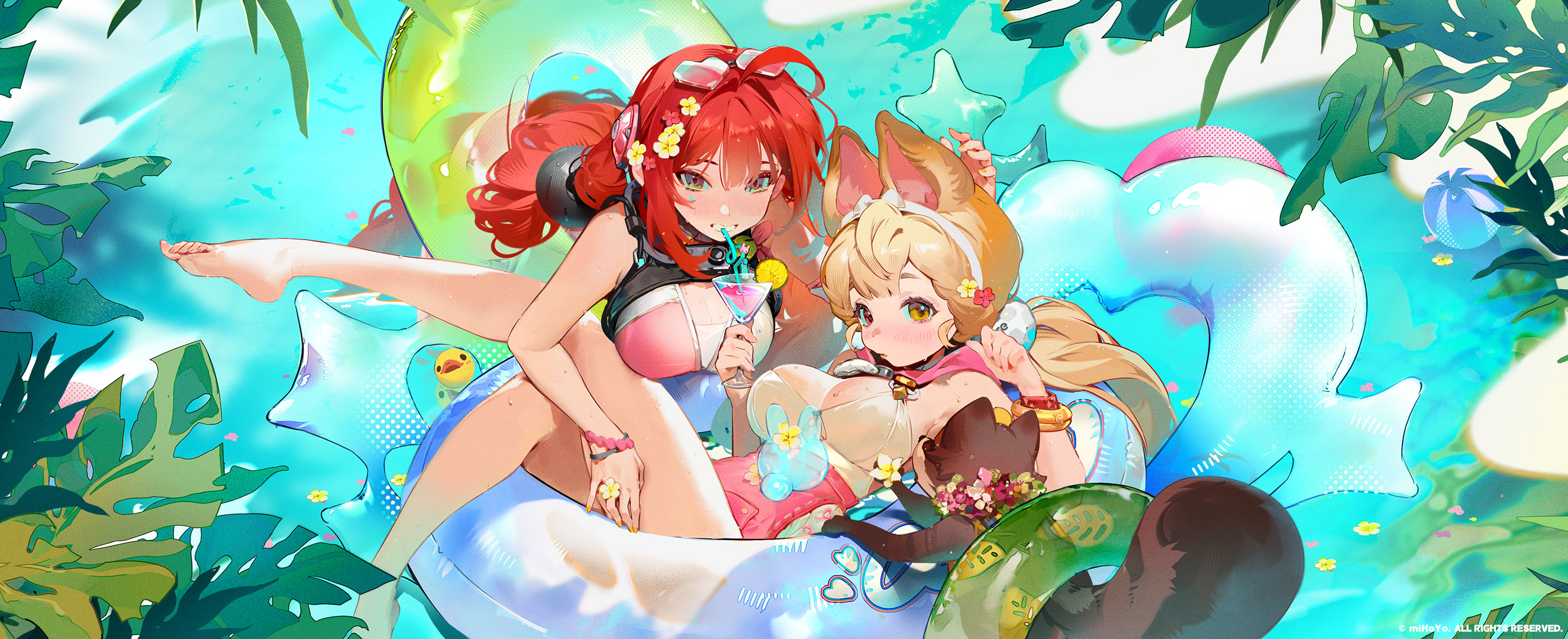 alice thymefield, alice thymefield (sea of thyme), kamanosuke (zenless zone zero), ukinami yuzuha, ukinami yuzuha (tanuki in broad daylight), zenless zone zero, braided twintails, highres, official art, official wallpaper, animal ears, barefoot, bikini top under shirt, blonde hair, blush, braid, breasts, chest bow, cleavage, copyright notice, cup, dress swimsuit, drinking glass, drinking straw, eyewear on head, green eyes, hair ornament, headband, hearing aid, heart, heart-shaped eyewear, heterochromia, innertube, large breasts, leaf, long hair, looking at viewer, low twintails, multiple girls, official alternate costume, one-piece swimsuit, pink one-piece swimsuit, rabbit ears, rabbit girl, raccoon, red eyes, red hair, smile, sphere hair ornament, sweat, swim ring, swimsuit, twintails, two-tone one-piece swimsuit, water, white headband, wine glass, yellow eyes
