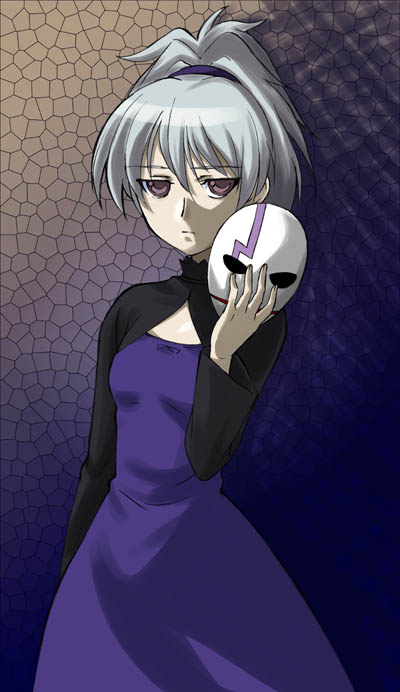mikage nao, yin (darker than black), darker than black, silver hair, 00s, 1girl, cleavage cutout, clothing cutout, dress, expressionless, female focus, flat chest, gradient background, hair between eyes, high ponytail, holding, looking at viewer, mask, ponytail, purple dress, purple eyes, scrunchie, short hair, solo, standing, turtleneck