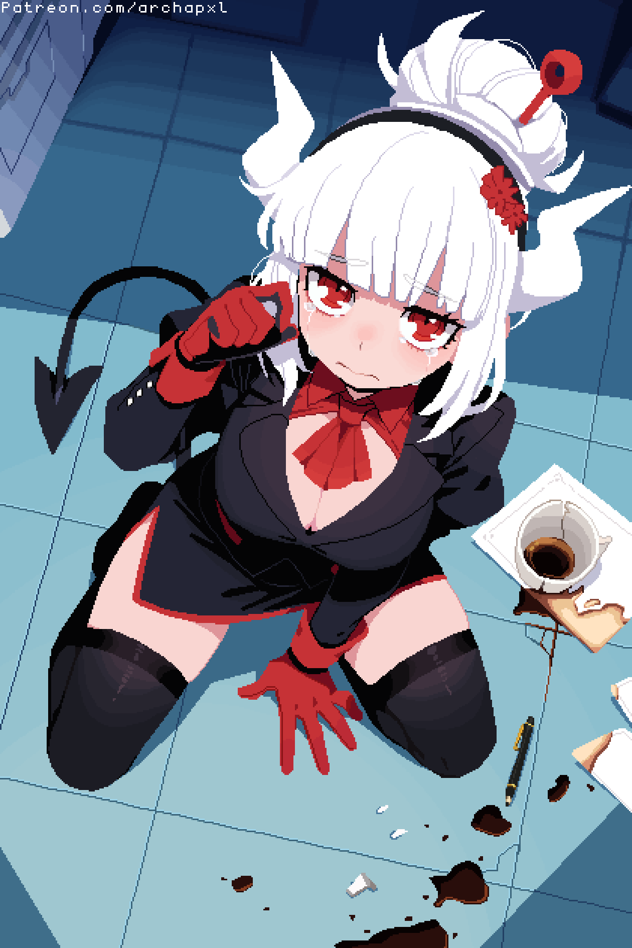archapxl, lucifer (helltaker), helltaker, commentary, english commentary, highres, 1girl, :s, black hairband, black shirt, black skirt, black thighhighs, blunt bangs, breasts, cleavage, closed mouth, coffee, coffee mug, crack, crying, cup, demon girl, demon horns, demon tail, dropped food, dropped object, flower, gloves, hair bun, hair flower, hair ornament, hairband, hand up, horns, kneeling, large breasts, long sleeves, medium hair, mug, neck ribbon, needle, on floor, papers, pixel art, raised inner eyebrows, red eyes, red flower, red gloves, red ribbon, red trim, ribbon, shirt, side slit, skirt, solo, spill, stain, tail, tears, thighhighs, tile floor, tiles, watermark, web address, white hair, zettai ryouiki