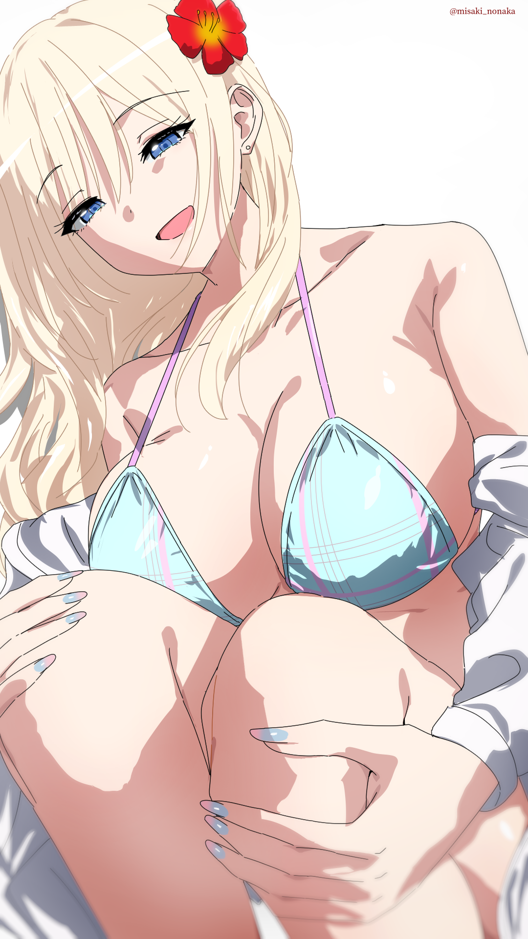 misaki nonaka, original, highres, 1girl, bikini, blonde hair, blue bikini, blue eyes, blue nails, breasts, collarbone, flower, hair flower, hair ornament, long hair, multicolored nails, open mouth, pink nails, red flower, smile, solo, swimsuit, twitter username, two-tone nails, white background