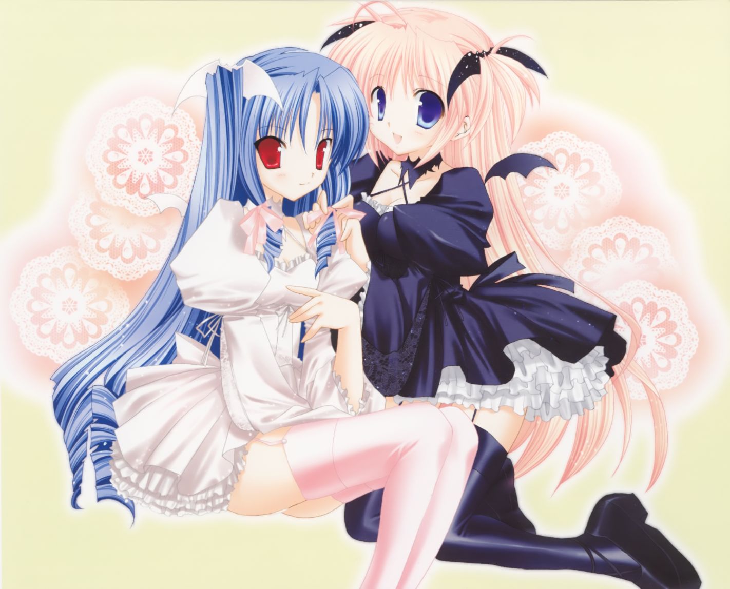 takanae kyourin, houjou reika, tsukimura mayu, goshuushou-sama ninomiya-kun, scan, 00s, 2girls, bat wings, blue eyes, blue hair, dress, drill hair, hair ornament, hair ribbon, multiple girls, pink hair, red eyes, ribbon, thighhighs, wings