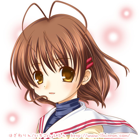 15citron, furukawa nagisa, clannad, lowres, 00s, antenna hair, brown hair, short hair, solo