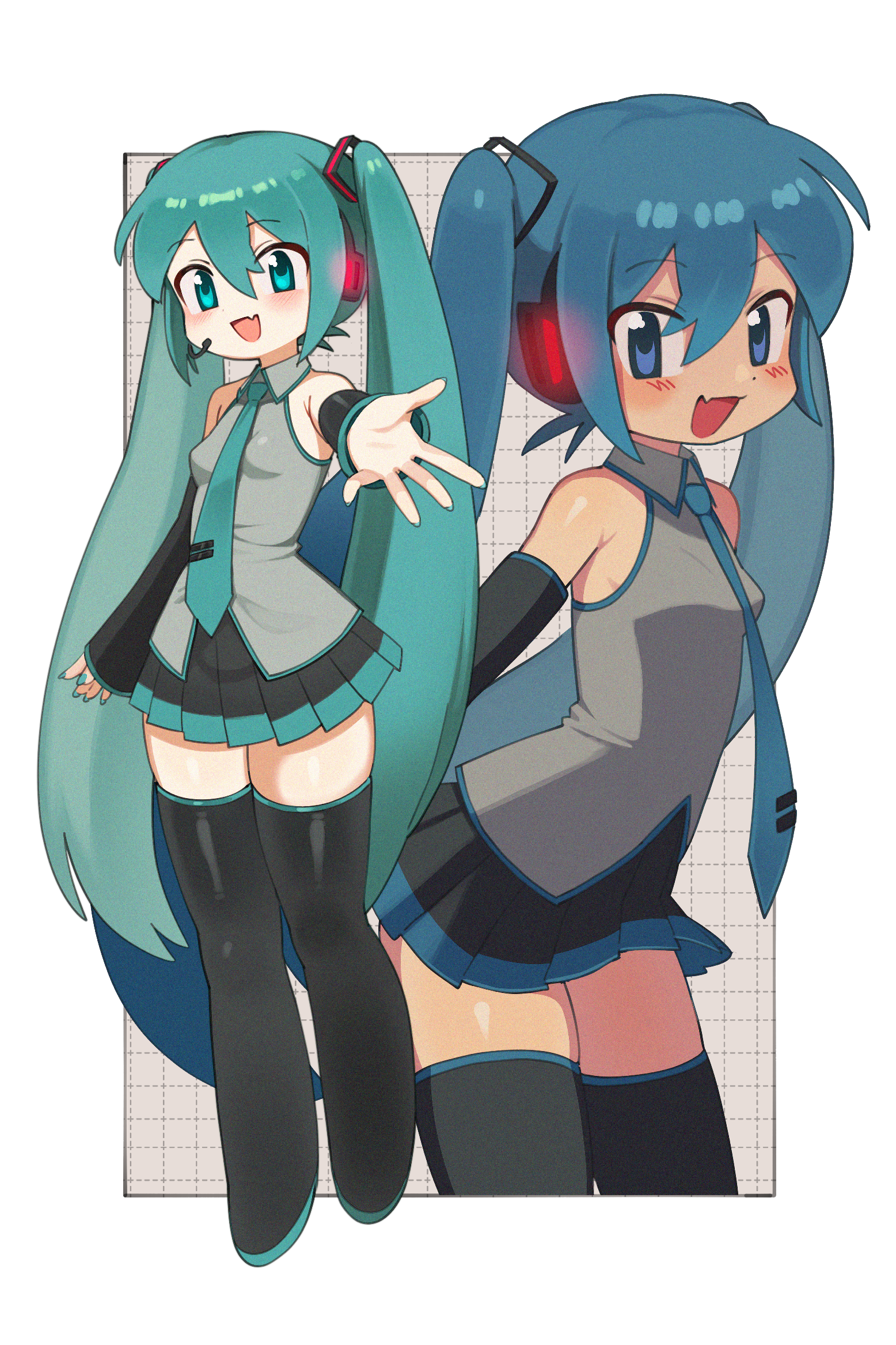 batrobin k, hatsune miku, vocaloid, commentary request, highres, :d, aqua eyes, aqua hair, aqua necktie, arm warmers, black arm warmers, black boots, black skirt, blue eyes, blue hair, blue necktie, blush, boots, border, collared shirt, double-parted bangs, fang, full body, grey background, grey shirt, grid background, hair between eyes, headphones, long hair, looking at viewer, miniskirt, multiple views, necktie, open mouth, outside border, outstretched arm, pleated skirt, reaching, reaching towards viewer, shirt, sidelocks, skin fang, skindentation, skirt, sleeveless, sleeveless shirt, smile, thigh boots, twintails, very long hair, white border
