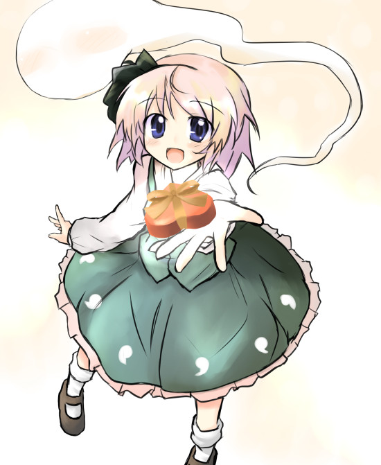 mirino, konpaku youmu, konpaku youmu (ghost), touhou, 1girl, blue eyes, female focus, gift, hitodama, holding, holding gift, incoming gift, shoes, short hair, socks, solo, valentine