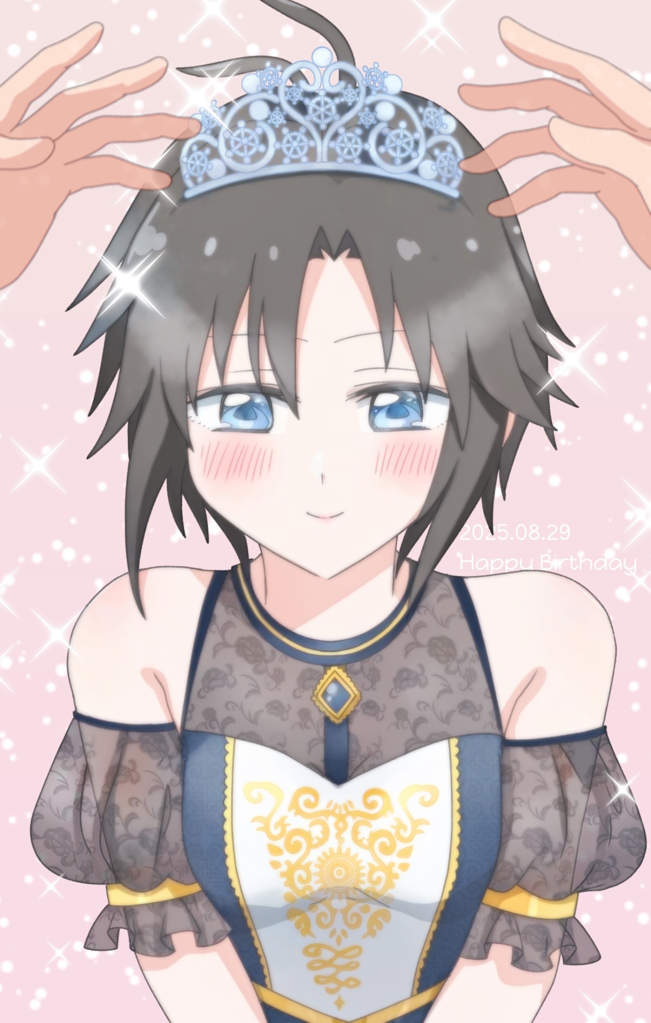 sponge pompom, kikuchi makoto, idolmaster, idolmaster (classic), highres, antenna hair, black hair, blue eyes, detached sleeves, happy birthday, light blush, looking down, parted bangs, pink background, pov, puffy sleeves, see-through clothes, see-through sleeves, tiara