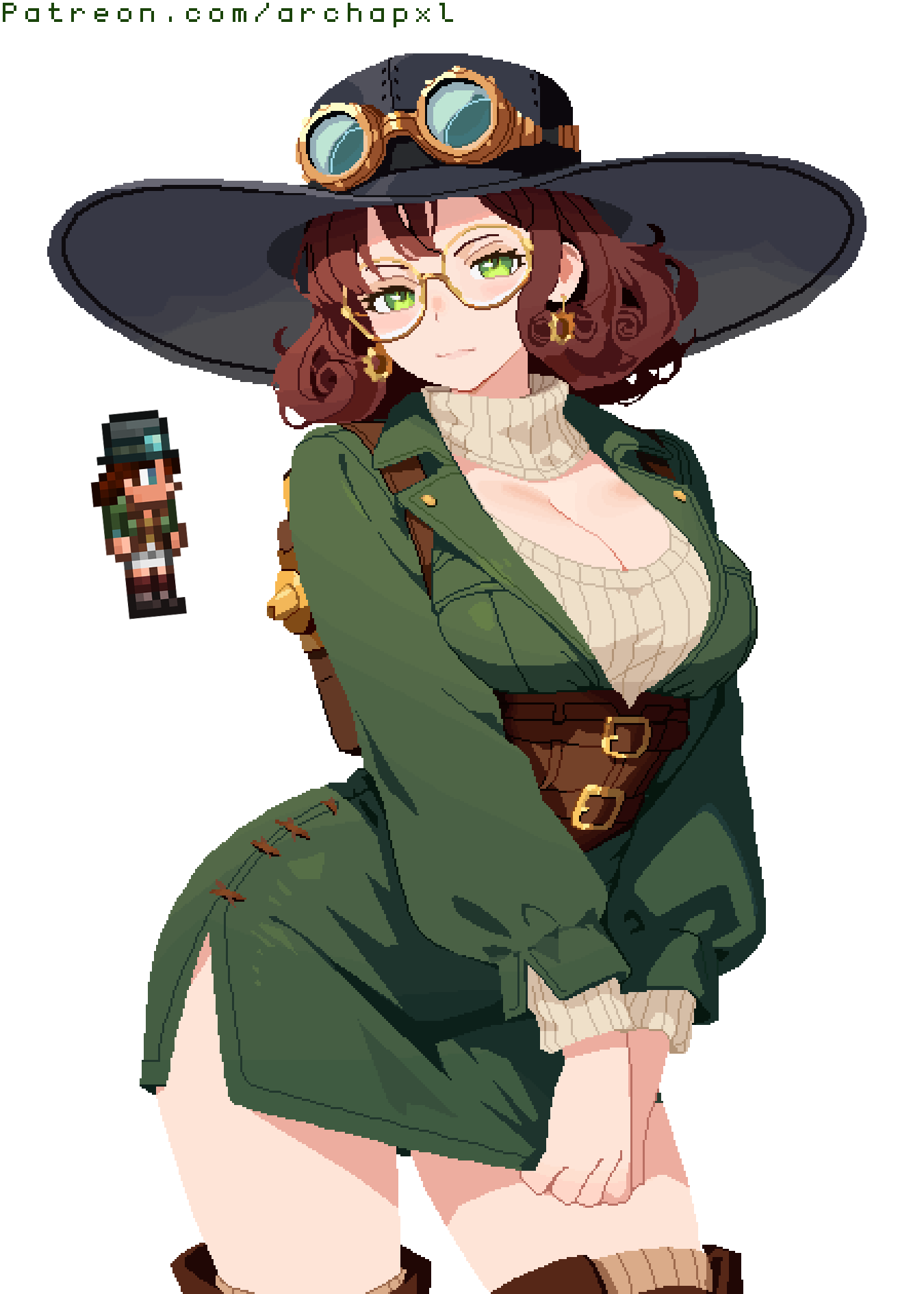 archapxl, steampunker (terraria), terraria, commentary, english commentary, highres, 1girl, belt, black hat, boots, breasts, brown belt, brown boots, brown hair, brown strap, cleavage, cleavage cutout, closed mouth, clothing cutout, crossed bangs, gear earrings, glasses, goggles, goggles on headwear, green eyes, green shirt, green skirt, hat, large breasts, long sleeves, medium hair, messy hair, multiple belts, pixel art, pulling own clothes, round eyewear, shirt, shoulder strap, side slit, simple background, skirt, sprite, sweater, sweater under shirt, thigh boots, watermark, web address, white background, yellow-framed eyewear, yellow sweater
