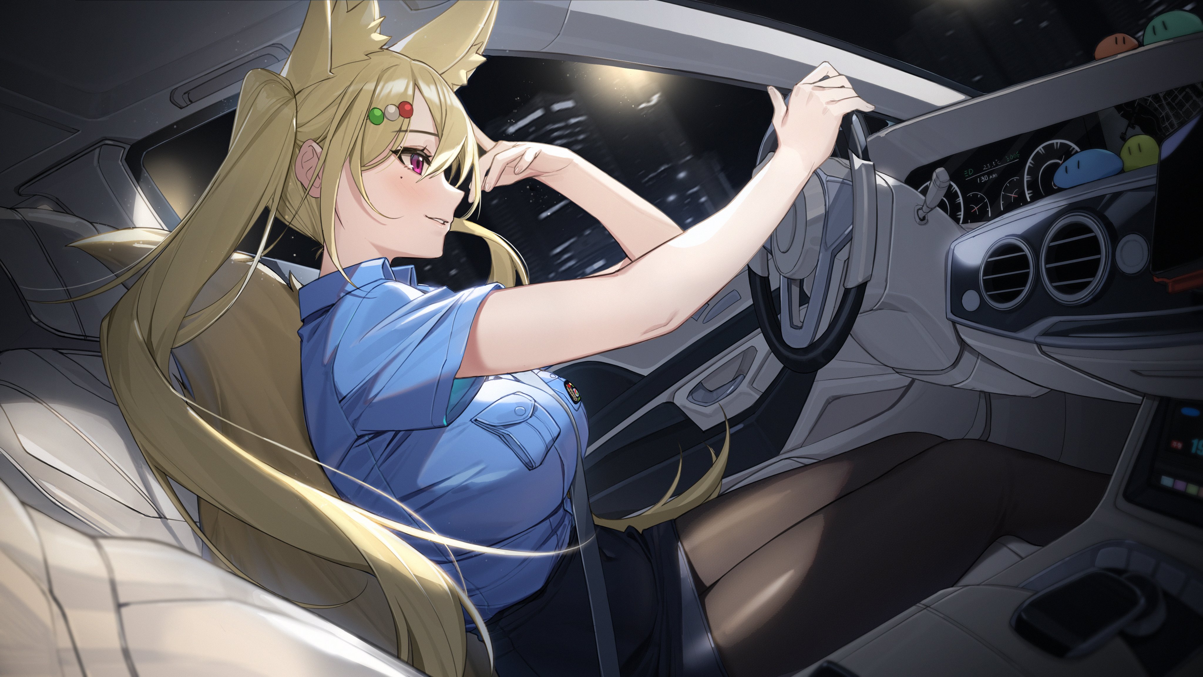 piyo (piyo8415), indie virtual youtuber, absurdres, highres, vehicle request, 1girl, animal ear fluff, animal ears, black skirt, blonde hair, blue shirt, blush, breasts, car, car interior, cityscape, driving, fox ears, fox girl, hair ornament, hairclip, large breasts, long hair, madaomm, mole, mole under eye, motor vehicle, night, pantyhose, pencil skirt, red eyes, shirt, sidelocks, sitting, skirt, smile, solo, steering wheel, twintails
