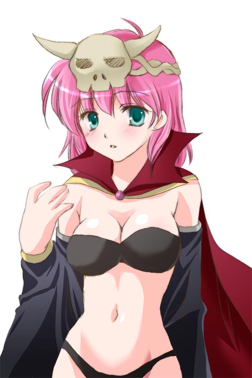 harapeko, lenna charlotte tycoon, necromancer (final fantasy), final fantasy, final fantasy v, 1990s (style), 1girl, bikini, black bikini, breasts, cape, cleavage, female focus, green eyes, navel, necromancer, pink hair, retro artstyle, simple background, skull, solo, swimsuit