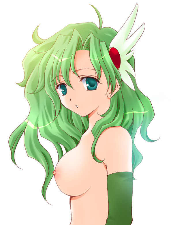 harapeko, rydia (adult) (ff4), rydia (ff4), final fantasy, final fantasy iv, 1990s (style), 1girl, breasts, elbow gloves, female focus, gloves, green eyes, green hair, long hair, matching hair/eyes, nipples, nude, retro artstyle, simple background, solo