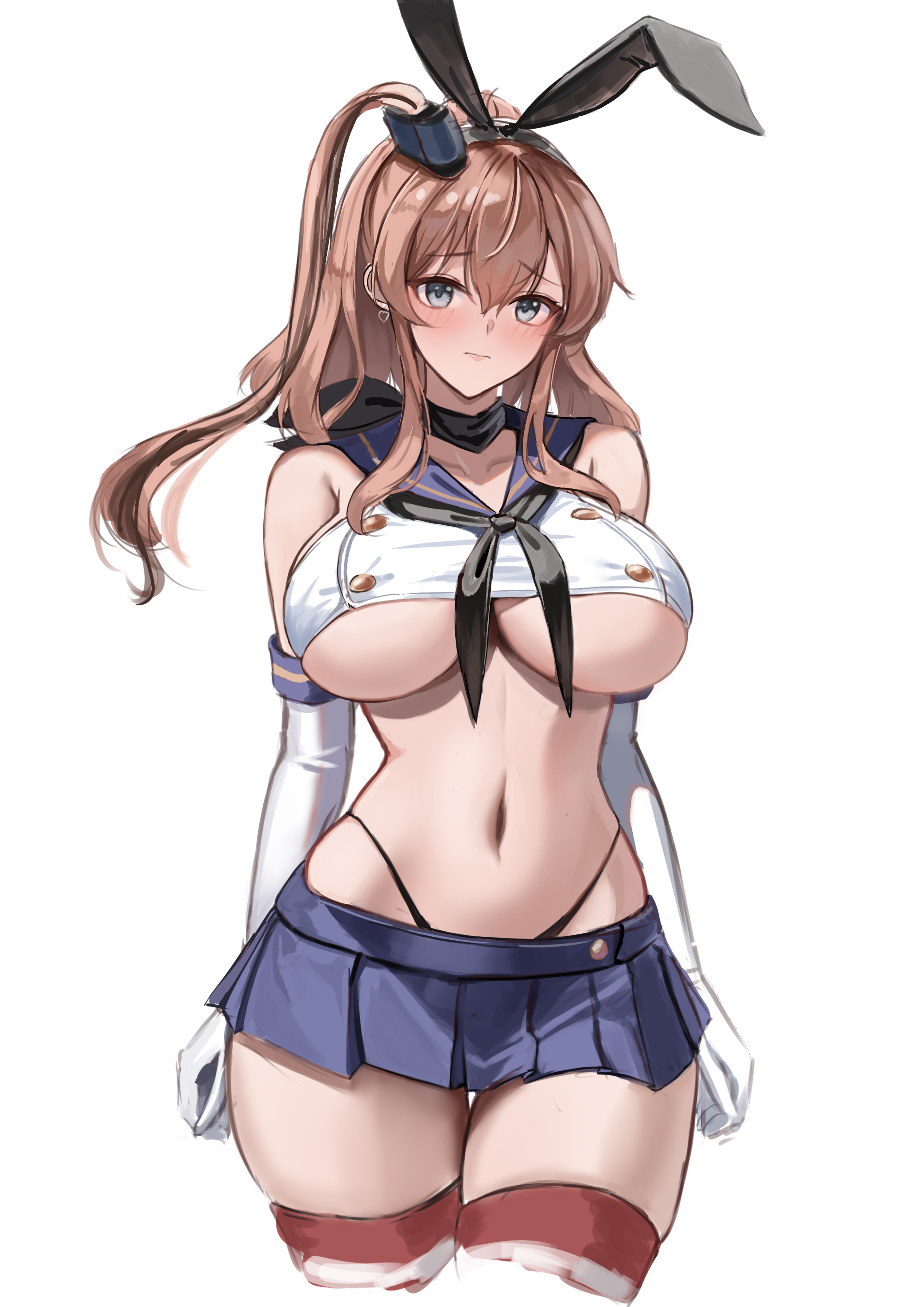 dimos (dawn 1945), saratoga (kancolle), shimakaze (kancolle), kantai collection, absurdres, highres, black neckerchief, black panties, blue skirt, breasts, brown hair, cosplay, crop top, elbow gloves, gloves, hairband, high side ponytail, highleg, highleg panties, horizontal-striped thighhighs, large breasts, long hair, microskirt, neckerchief, panties, ponytail, sailor collar, shimakaze (kancolle) (cosplay), side ponytail, skirt, smokestack, smokestack hair ornament, striped clothes, striped thighhighs, thighhighs, underboob, underwear, white gloves