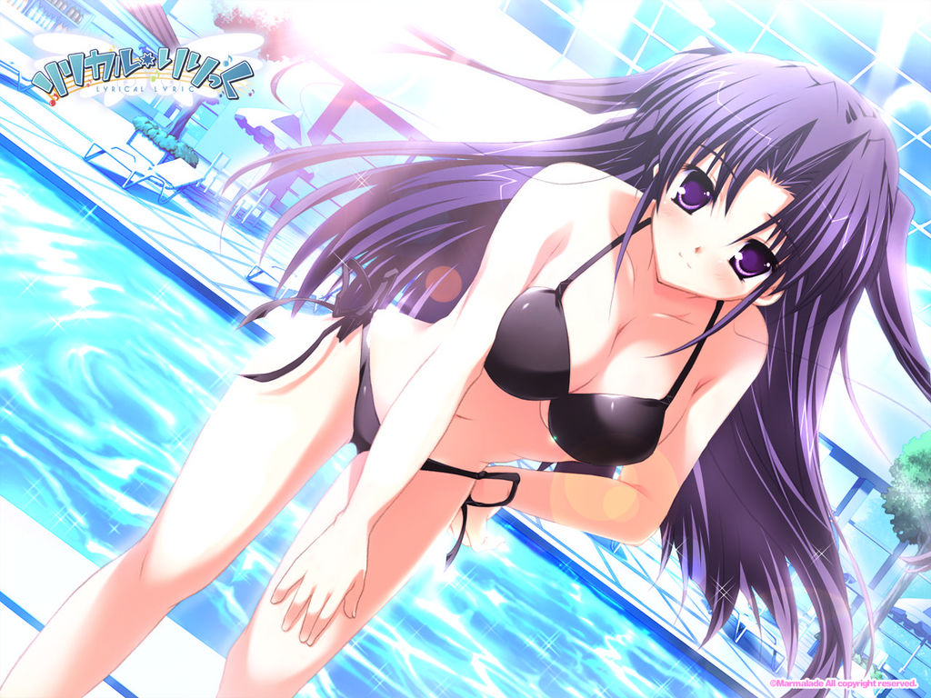 takami rin, lyrical lyric, hand on thigh, game cg, 1girl, bent over, bikini, black bikini, breasts, cleavage, female focus, large breasts, long hair, purple eyes, purple hair, solo, swimsuit, water