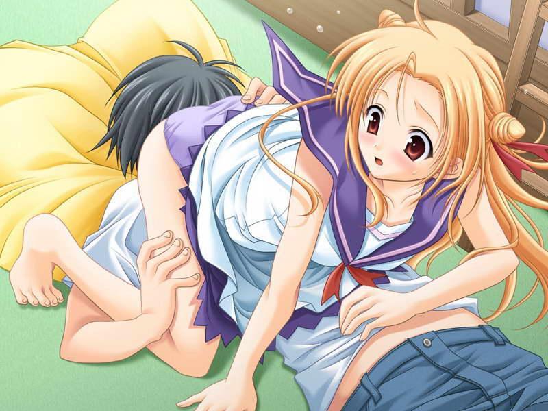 ariko youichi, takaya ren, takaya shun, fortune cookie (visual novel), smart, game cg, jpeg artifacts, 1boy, 1girl, 69, barefoot, blonde hair, blush, brother and sister, brown eyes, clothed sex, cunnilingus, girl on top, hetero, implied cunnilingus, incest, oral, panties, school uniform, serafuku, siblings, underwear