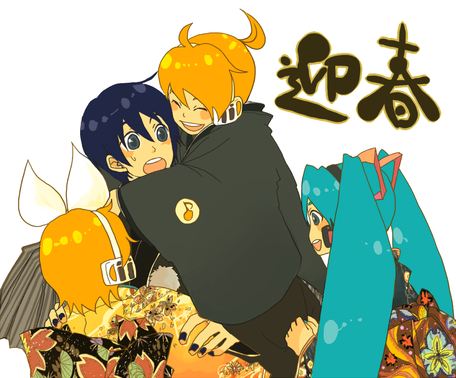 den, hatsune miku, kagamine len, kagamine rin, kaito (vocaloid), vocaloid, 2boys, 2girls, :d, :o, blonde hair, blue eyes, blue hair, blush, bow, bow hairband, floral print, floral print kimono, glomp, hair ornament, hairband, headset, hug, japanese clothes, kimono, long hair, long sleeves, multiple boys, multiple girls, new year, open mouth, ponytail, print kimono, short hair, short ponytail, smile, sweatdrop, twintails
