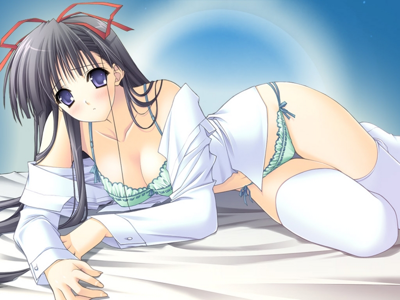 suzuhira hiro, nagase sayaka, soul link, game cg, 00s, 1girl, blue eyes, blush, bra, breasts, cleavage, dress shirt, female focus, gradient background, grey hair, hair ribbon, lingerie, long hair, lying, off shoulder, on side, panties, ribbon, shirt, solo, thigh gap, thighhighs, thighs, underwear, very long hair, white thighhighs