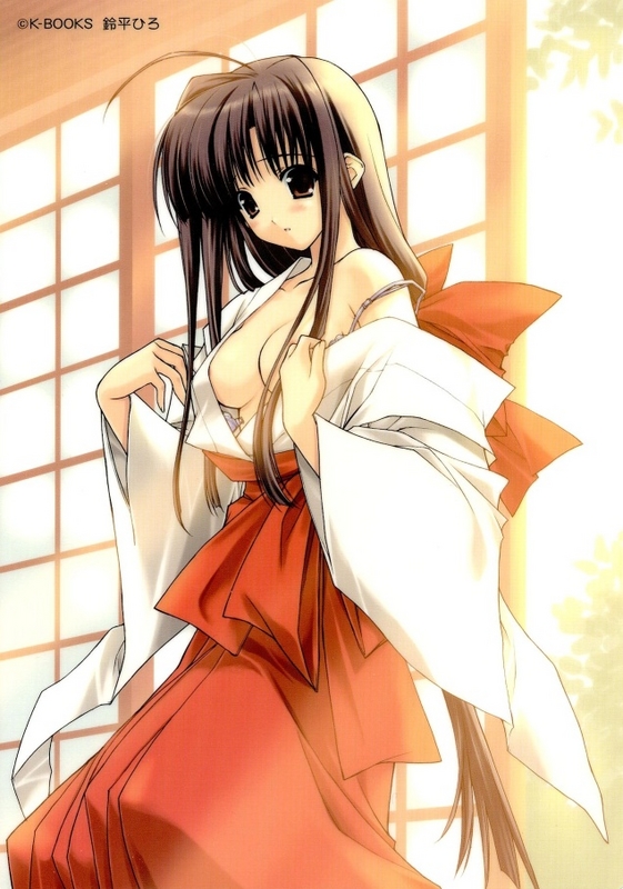 suzuhira hiro, 1girl, breasts, brown eyes, brown hair, female focus, hakama, hakama skirt, japanese clothes, long hair, medium breasts, miko, red hakama, skirt, solo, undressing
