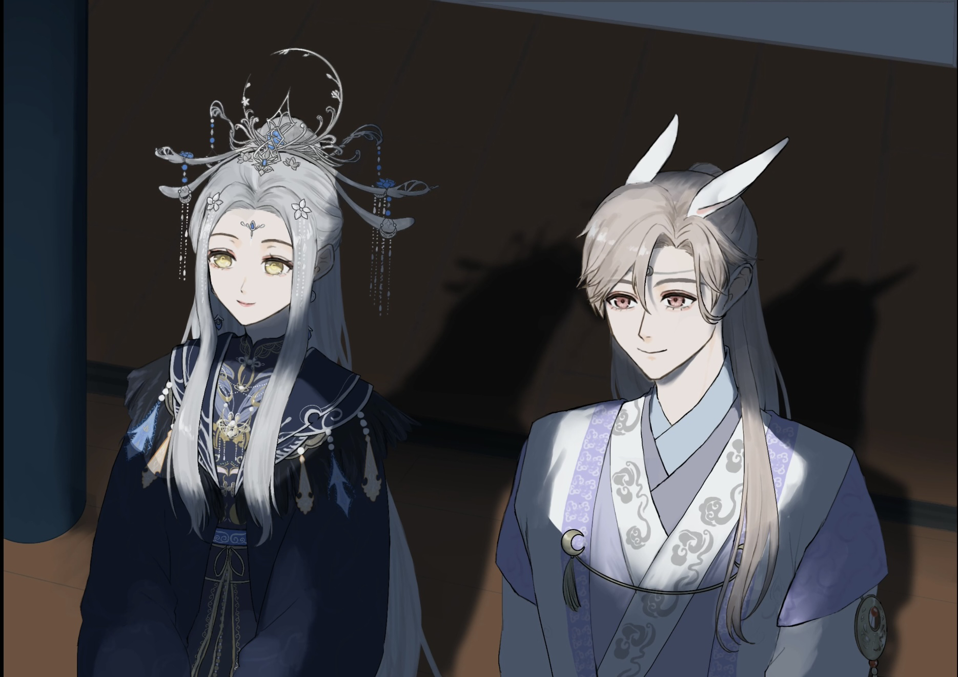 kohanai setsuna, nikki (series), shining nikki, highres, 1boy, 1girl, animal ears, baishuo (shining nikki), blue capelet, blue hanfu, brown eyes, brown hair, capelet, chinese clothes, chinese hairpin, circlet, closed mouth, crescent, crescent hair ornament, crescent pin, extra ears, forehead jewel, grey hair, hair between eyes, hair bun, hair ornament, hairpin, half updo, hanfu, happy, lipstick, long hair, looking ahead, makeup, moonset (shining nikki), multiple hairpins, night, outdoors, pillar, pink lips, purple hanfu, qingyue (shining nikki), rabbit ears, shadow, sidelocks, single hair bun, smile, straight hair, tassel, upper body, veranda, very long hair, yellow eyes, yunjian