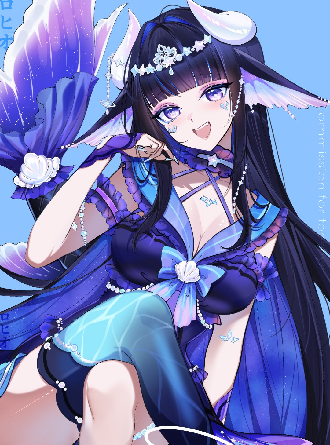 rohioart, feeshyz, indie virtual youtuber, commission, highres, skeb commission, 1girl, black hair, blue background, blue dress, blue hair, blue thighhighs, breasts, cleavage, colored inner hair, dress, fingernails, fins, fish tail, hair ornament, halterneck, head fins, horns, large breasts, multicolored hair, open mouth, purple eyes, sharp fingernails, simple background, single thighhigh, sleeveless, sleeveless dress, tail, thighhighs, two-tone hair, virtual youtuber, white horns