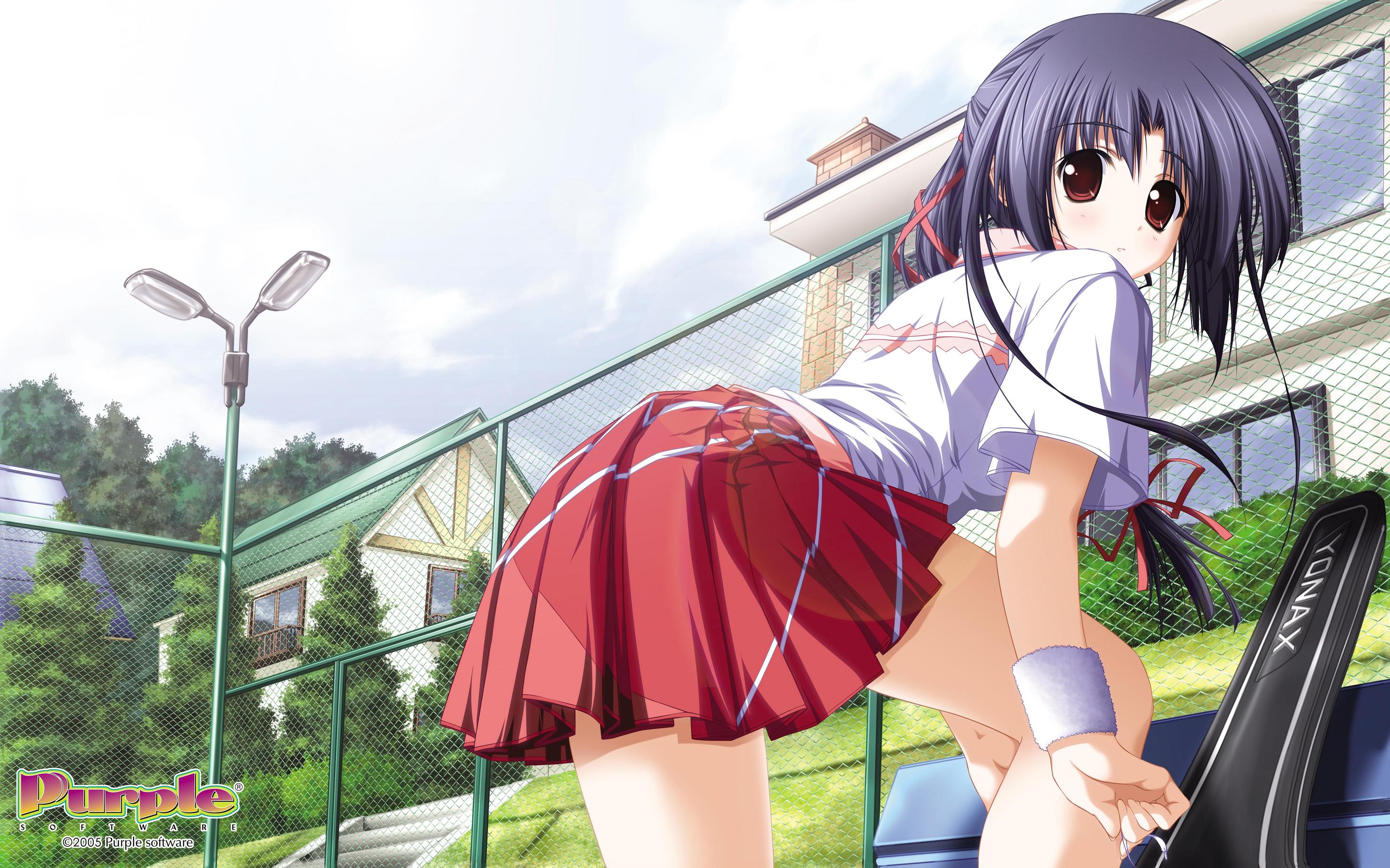 nanjou ibuki, akiiro renka, purple software, highres, official art, 1girl, cuffs, female focus, school uniform, serafuku, solo, tennis