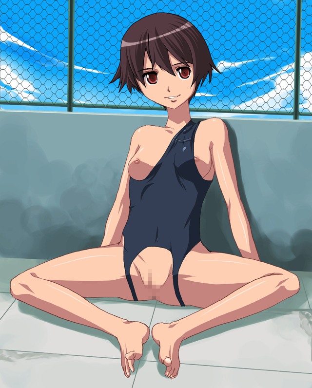 onija tarou, original, toe-point, non-web source, 1girl, barefoot, breasts, brown eyes, brown hair, butterfly sitting, censored, feet, female focus, inverted nipples, knees apart feet together, medium breasts, mosaic censoring, nipples, one-piece swimsuit, pussy, rooftop, school swimsuit, short hair, sitting, smile, solo, spread legs, swimsuit, upside-down, wardrobe error