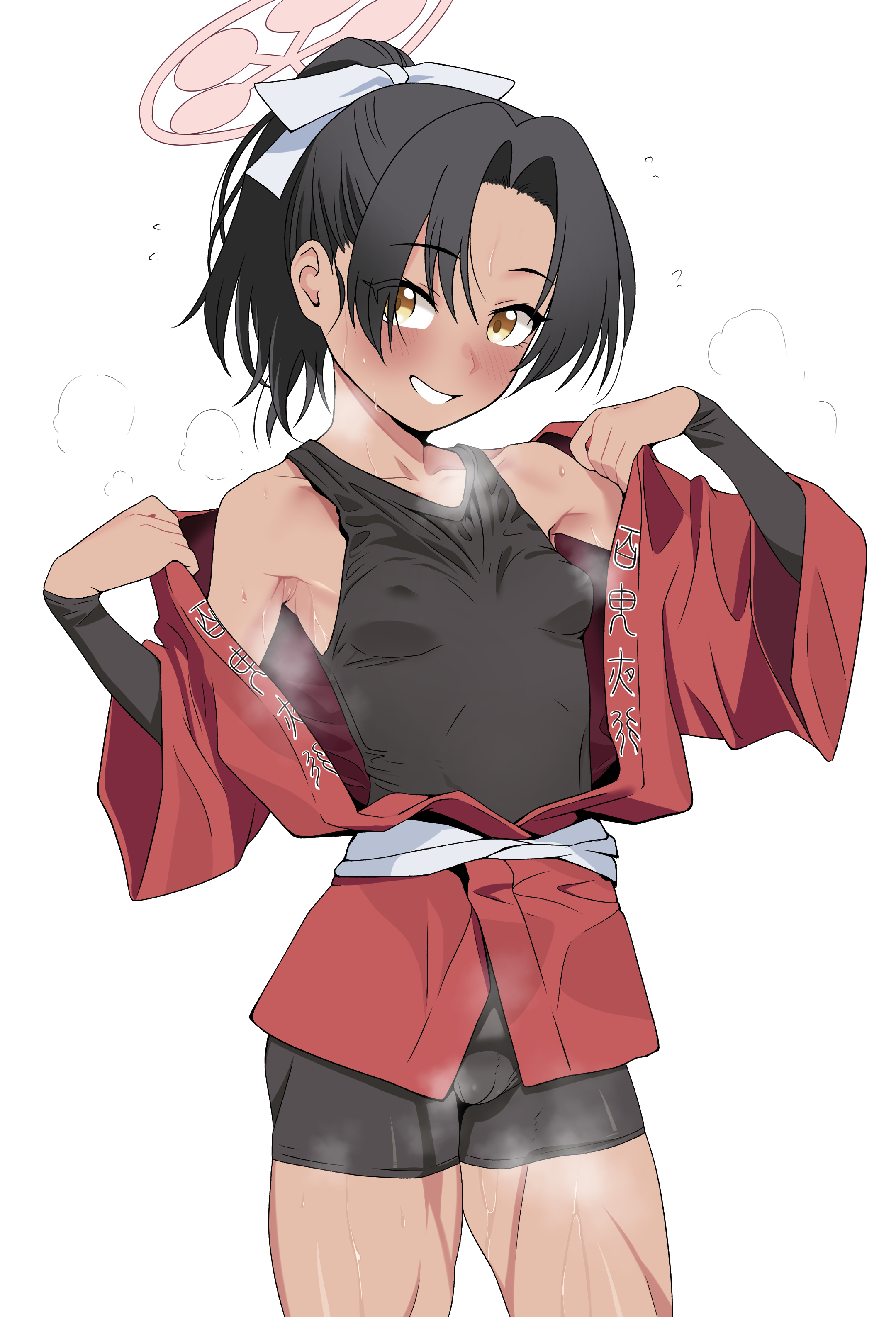 rickshaw student (blue archive), blue archive, absurdres, highres, 1girl, bare shoulders, black hair, black sleeves, breasts, breath, brown eyes, cameltoe, collarbone, covered erect nipples, cowboy shot, curtained hair, dark-skinned female, dark skin, detached sleeves, hair ribbon, halo, high ponytail, japanese clothes, open clothes, pink halo, ponytail, rangee, ribbon, simple background, sleeveless, small breasts, smile, standing, steaming body, sweat, thighhighs, white background, white ribbon, wide sleeves