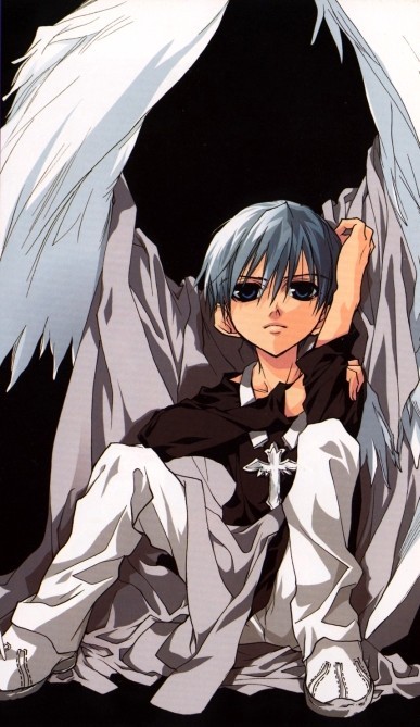 sugisaki yukiru, hiwatari satoshi, dnangel, official art, 1boy, angel, angel wings, blue eyes, blue hair, cross, grey hair, latin cross, male focus, matching hair/eyes, simple background, sitting, solo, white wings, wings