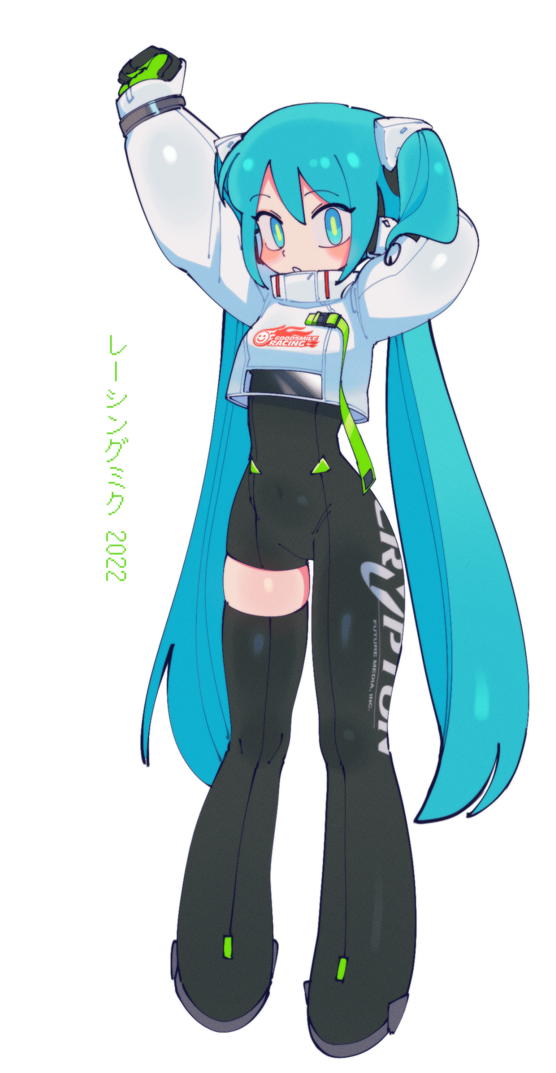 batrobin k, hatsune miku, racing miku, racing miku (2022), goodsmile company, goodsmile racing, vocaloid, absurdres, commentary, commentary request, highres, translation request, 1girl, arm behind back, arms up, asymmetrical legwear, black boots, black thighhighs, blue eyes, blush, bodysuit, boots, covered navel, crop top, cropped jacket, cyber fashion, flame print, full body, jacket, logo, long hair, long sleeves, looking at viewer, simple background, single thigh boot, smiley face, smiley print, solo, standing, stretching, thigh boots, thighhighs, twintails, white background, white jacket