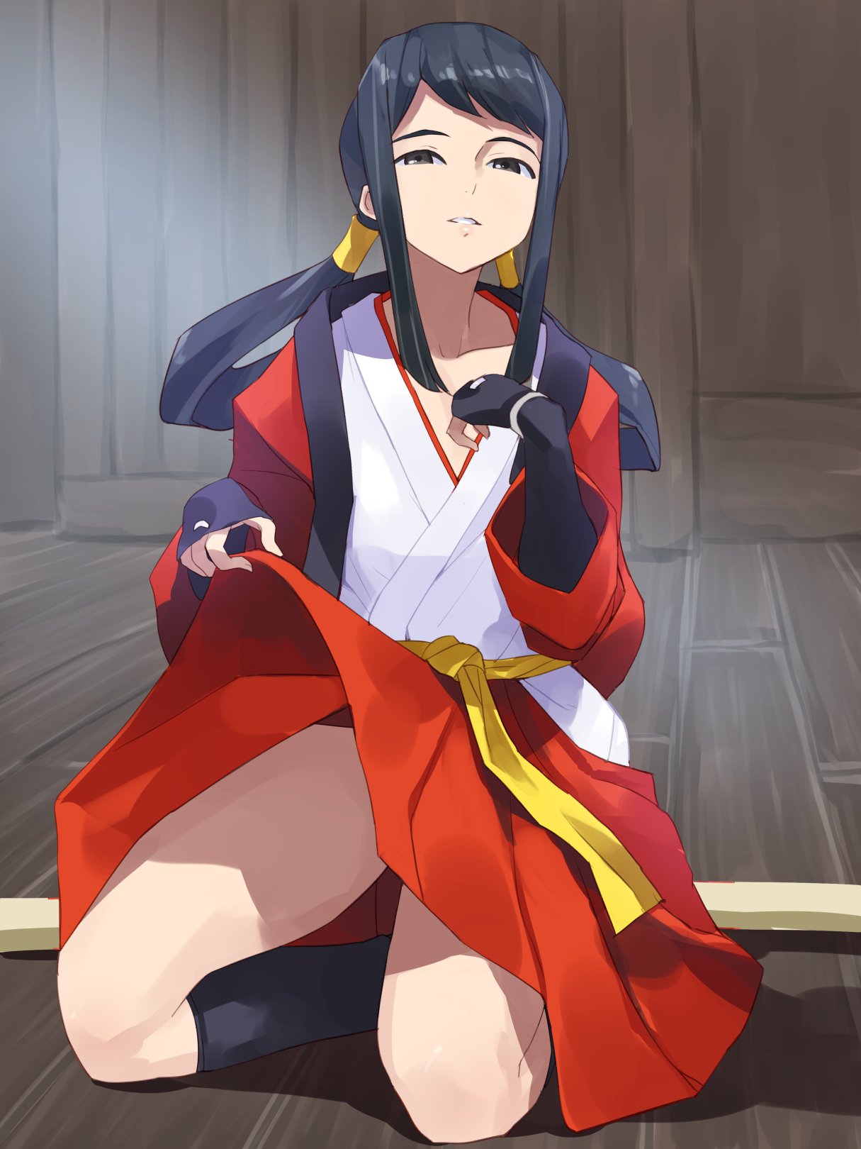 coveredcore, takane hibiki, bakumatsu rouman, bakumatsu rouman dainimaku, snk, highres, 1girl, belt, black gloves, black hair, black socks, brown eyes, clothes lift, collarbone, fingerless gloves, floor, full body, gloves, hair rings, hakama, hakama skirt, indoors, japanese clothes, kimono, kneeling, knees, lifting own clothes, long hair, on floor, parted lips, partially undressed, pleated skirt, red hakama, shadow, sidelocks, skirt, skirt lift, socks, solo, white kimono, wooden floor, yellow belt