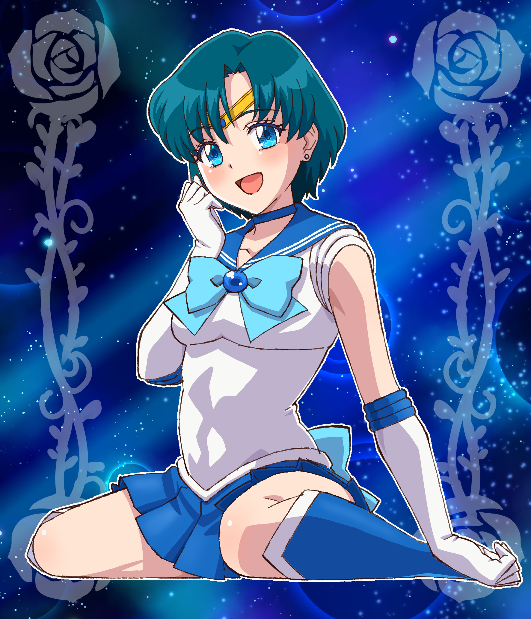 naninunenonono, mizuno ami, sailor mercury, bishoujo senshi sailor moon, highres, 1girl, back bow, blue choker, blue eyes, blue hair, blue sailor collar, blue skirt, bow, choker, earrings, elbow gloves, gloves, jewelry, sailor collar, sailor senshi uniform, short hair, skirt, solo, white gloves