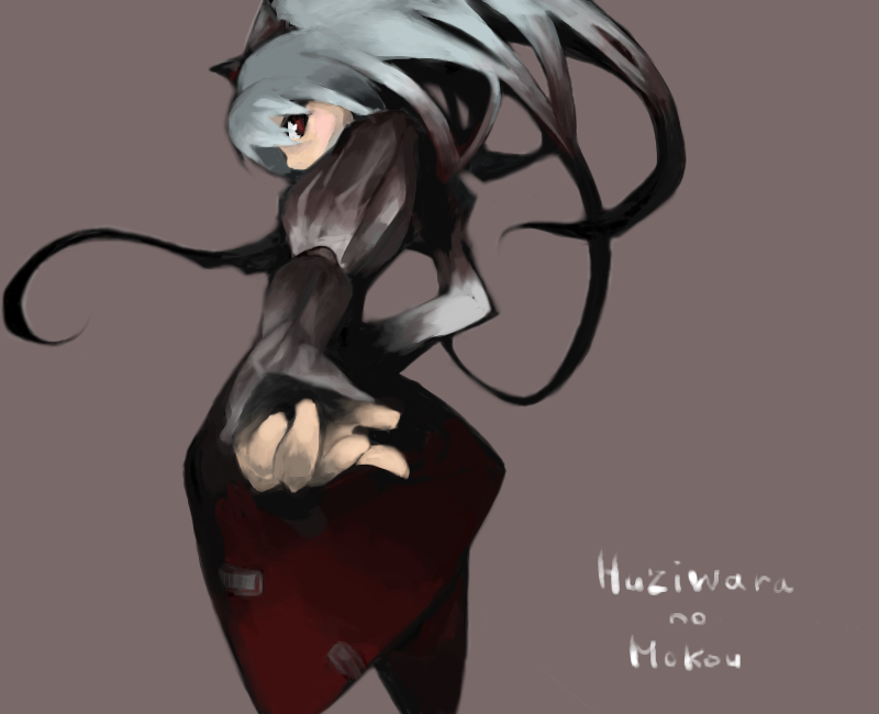 cusui, fujiwara no mokou, touhou, 1girl, brown background, female focus, grey shirt, long sleeves, looking at viewer, looking back, oekaki, shirt, simple background, solo, standing