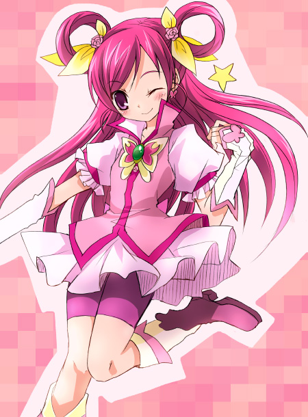suzushiro kurumi, cure dream, yumehara nozomi, precure, yes! precure 5, 00s, 1girl, female focus, hair rings, long hair, magical girl, one eye closed, pink background, pink hair, pink shorts, pink theme, shorts, shorts under skirt, solo, wink
